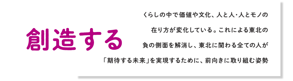 創造する くらしの中で価値や文化、人と人・人とモノの在り方が変化している。これによる東北の負の側面を解消し、東北に関わる全ての人が「期待する未来」を実現するために、前向きに取り組む姿勢