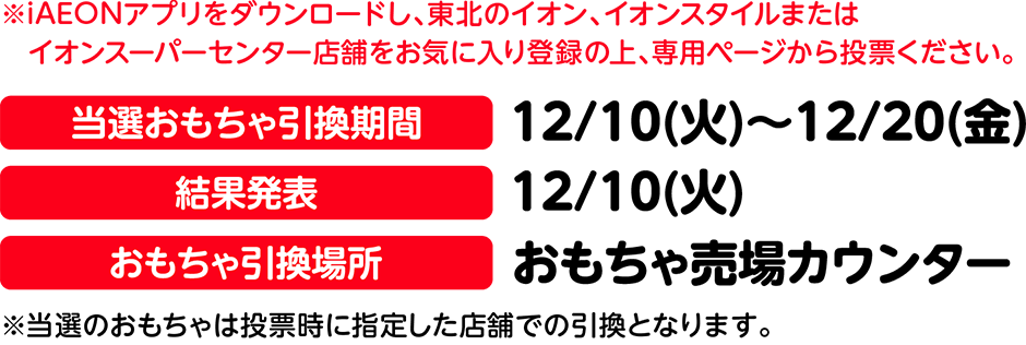 iAEONアプリをダウンロードし、東北のイオン、イオンスタイルまたはイオンスーパーセンター店舗をお気に入り登録の上、専用ページから投票ください。当選おもちゃ引換期間：12月10日火曜日から12月20日金曜日まで、結果発表：12月10日火曜日、おもちゃ引換場所：おもちゃ売場カウンター 当選のおもちゃは投票時に指定した店舗での引換となります。