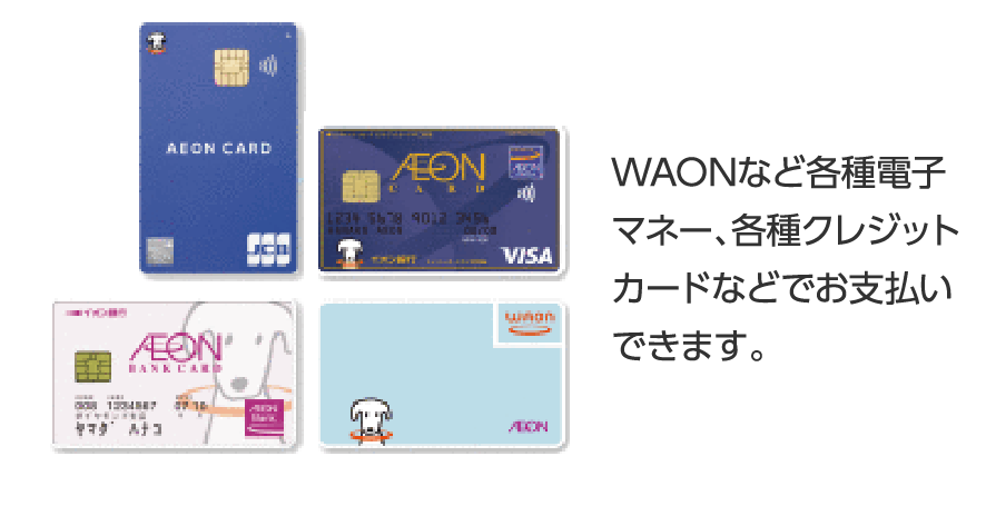 WAONなど各種電子マネー、各種クレジットカードなどでお支払いできます。